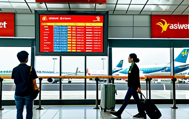 **
"A brightly lit, modern airport terminal interior. A professional traveler, fully clothed in casual but appropriate attire, is looking at a flight information screen. The screen displays the logos of Vietjet Air, Bamboo Airways, and Pacific Airlines. In the background, people are walking with luggage. Safe for work, appropriate content, perfect anatomy, natural proportions, professional, family-friendly, well-formed hands, proper finger count, modest clothing, daytime."
**
