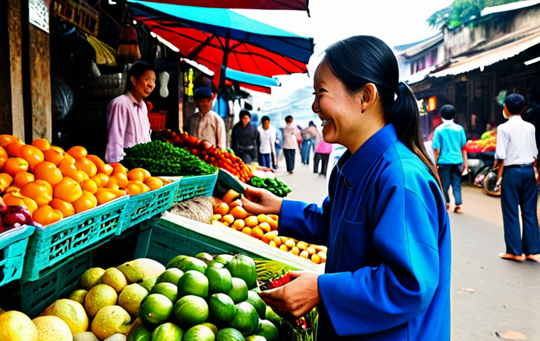 Bargaining at a Market**

"A fully clothed tourist politely bargaining with a vendor at a bustling Vietnamese market. The vendor is smiling and wearing traditional clothing. Fruits, vegetables, and colorful textiles are displayed in the background. Appropriate attire, safe for work, professional, perfect anatomy, natural proportions, high quality."

**
