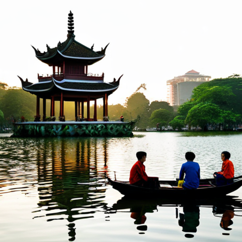 Tranquil Pagoda Scene**

"Tran Quoc Pagoda at sunset, West Lake Hanoi, clear sky reflecting in the water, lush green gardens, traditional Vietnamese architecture, fully clothed visitors observing respectfully, safe for work, appropriate content, perfect anatomy, natural proportions, professional photography, high quality, family-friendly."

**