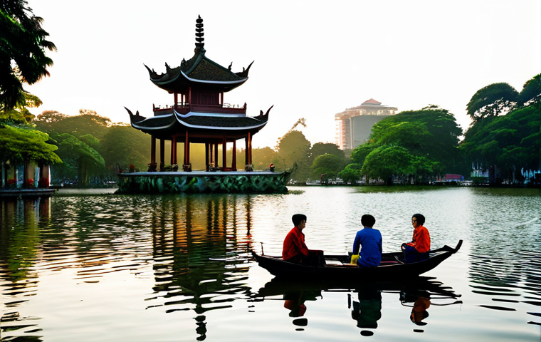 Tranquil Pagoda Scene**

"Tran Quoc Pagoda at sunset, West Lake Hanoi, clear sky reflecting in the water, lush green gardens, traditional Vietnamese architecture, fully clothed visitors observing respectfully, safe for work, appropriate content, perfect anatomy, natural proportions, professional photography, high quality, family-friendly."

**