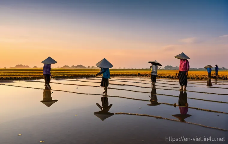 베트남 남딘 소금 농장 - Image Prompt 1: The Golden Hour Harvest**
