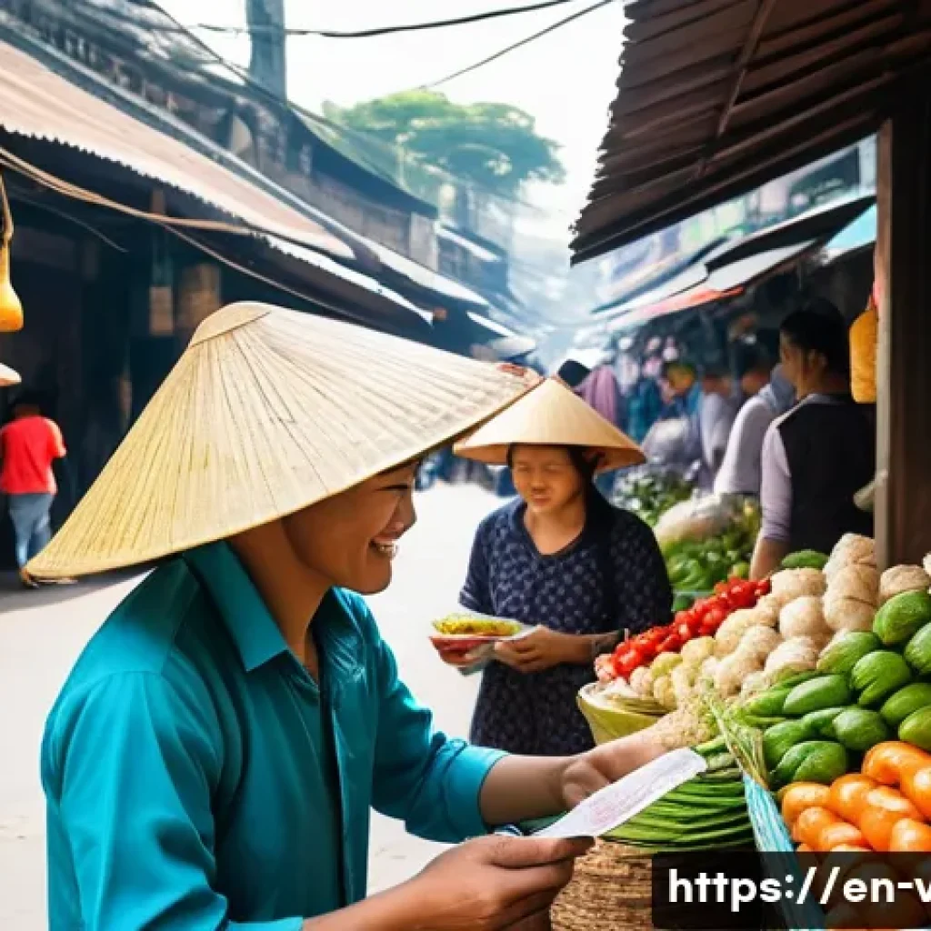 베트남에서 영어 사용하는 방법 - A bustling Vietnamese street market scene at midday, featuring diverse local vendors and tourists en...
