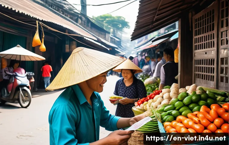 베트남에서 영어 사용하는 방법 - A bustling Vietnamese street market scene at midday, featuring diverse local vendors and tourists en...