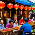 Home 22 베트남에서 저렴한 쇼핑 팁 - A vibrant Vietnamese street market scene at sunset, bustling with friendly local vendors and shopper...
