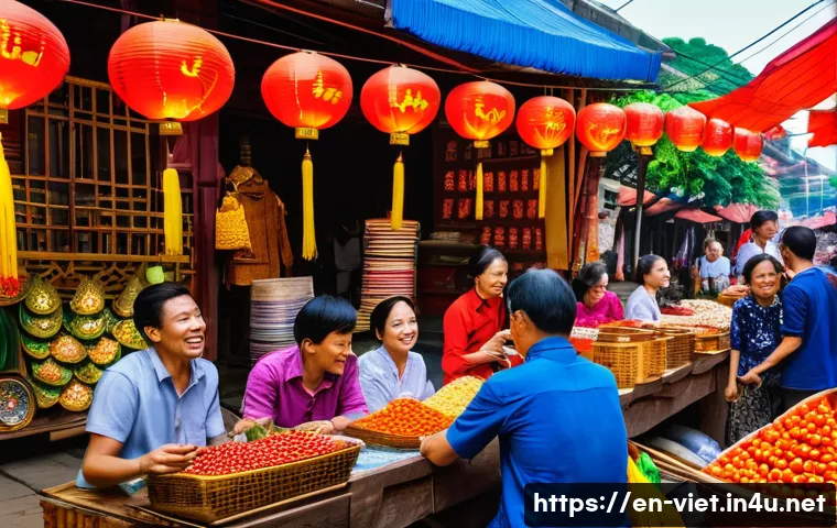 베트남에서 저렴한 쇼핑 팁 - A vibrant Vietnamese street market scene at sunset, bustling with friendly local vendors and shopper...