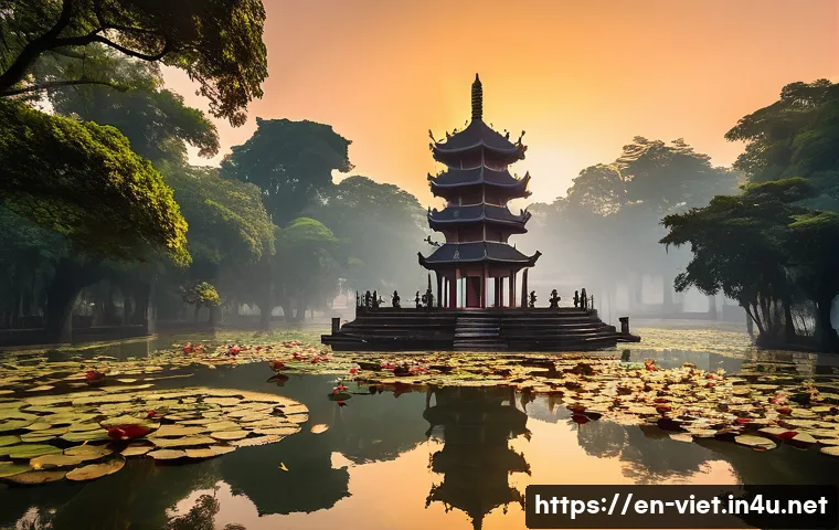 베트남 불교 사원 탐방 - A serene early morning scene at the One Pillar Pagoda in Hanoi, showcasing its unique architectural ...