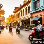 Home 20 베트남 관광 산업 성장세 - A vibrant street scene in Ho Chi Minh City at sunset, showcasing a harmonious blend of sleek modern ...