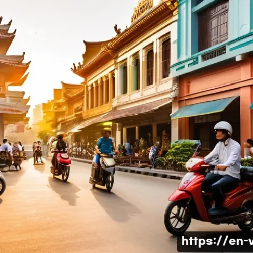 Home 32 베트남 관광 산업 성장세 - A vibrant street scene in Ho Chi Minh City at sunset, showcasing a harmonious blend of sleek modern ...