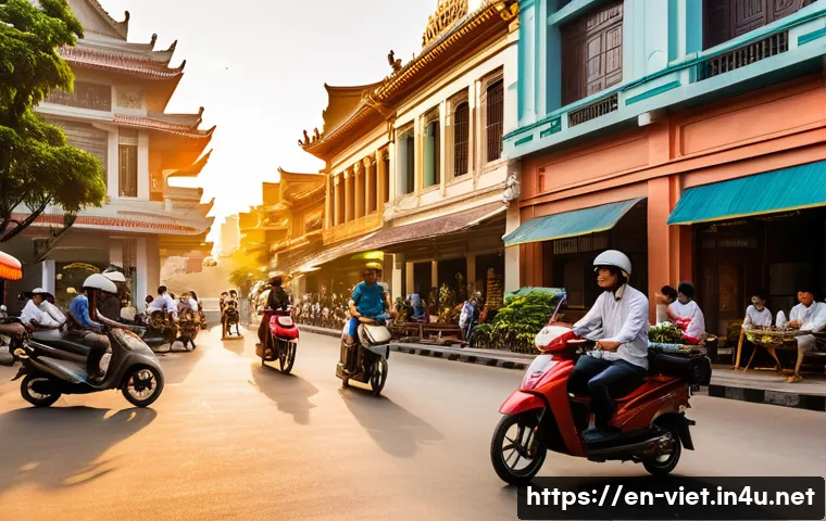 베트남 관광 산업 성장세 - A vibrant street scene in Ho Chi Minh City at sunset, showcasing a harmonious blend of sleek modern ...