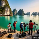 Home 19 베트남 관광 명소 촬영 허가 - A vibrant film crew setting up cameras and lighting equipment on a scenic limestone karst landscape ...