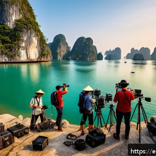 Home 31 베트남 관광 명소 촬영 허가 - A vibrant film crew setting up cameras and lighting equipment on a scenic limestone karst landscape ...