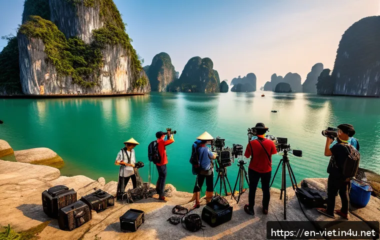 베트남 관광 명소 촬영 허가 - A vibrant film crew setting up cameras and lighting equipment on a scenic limestone karst landscape ...