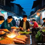 Home 23 베트남 스트리트 푸드 투어 - A bustling Vietnamese street food market scene at dusk, filled with vibrant stalls selling iconic di...