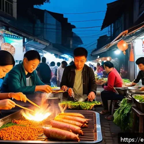 Home 17 베트남 스트리트 푸드 투어 - A bustling Vietnamese street food market scene at dusk, filled with vibrant stalls selling iconic di...