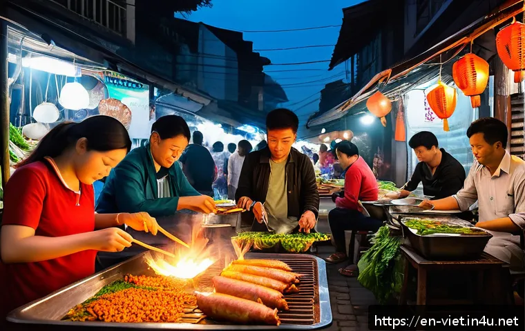 베트남 스트리트 푸드 투어 - A bustling Vietnamese street food market scene at dusk, filled with vibrant stalls selling iconic di...
