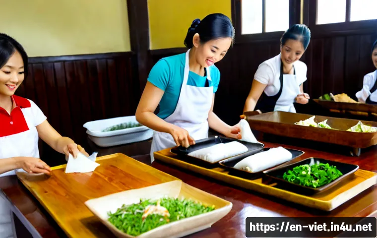 베트남 요리 클래스 - Photorealistic Vietnamese cooking class in a bright Hanoi-style culinary studio, friendly local chef...