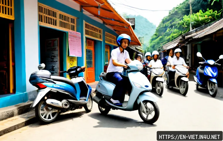 Home 17 베트남 모터바이크 대여 방법 - Photorealistic travel scene in Vietnam, friendly local motorcycle rental staff handing a helmet and ...