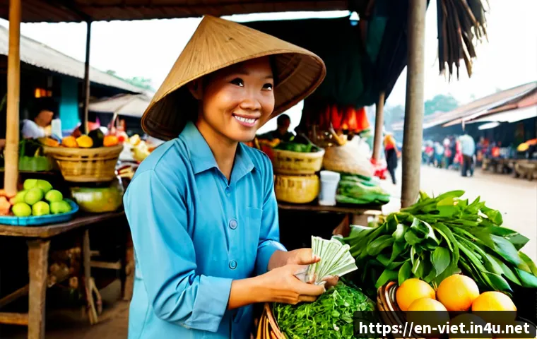 베트남 전통 시장 탐험 - Photorealistic early-morning exploration of a traditional Vietnamese market, a smiling local shopper...