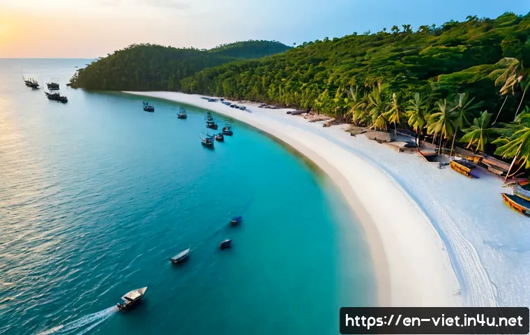 베트남 푸꾸옥 섬 관광 - Photorealistic aerial sunrise view of Phu Quoc Island, Vietnam, featuring a sweeping crescent of pow...