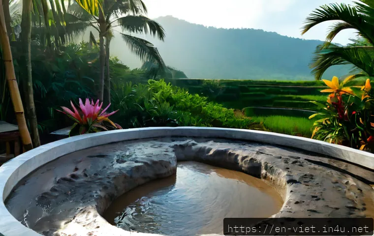 베트남 나트랑 머드 스파 - Photorealistic luxury mud spa in Nha Trang, Vietnam, wide eye-level composition of several round sto...