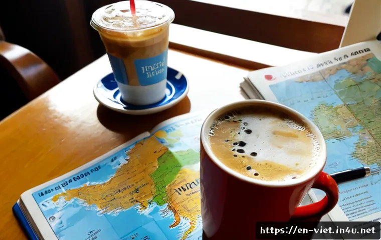 Home 17 베트남 언어 가이드북 - Photorealistic travel planning scene in a bright Hanoi café, an English-speaking traveler studying a...